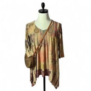 Sole Dione Studio Boho Tunic Top 3/4‎ Sleeve Patterned Beige Artsy Casual Cute